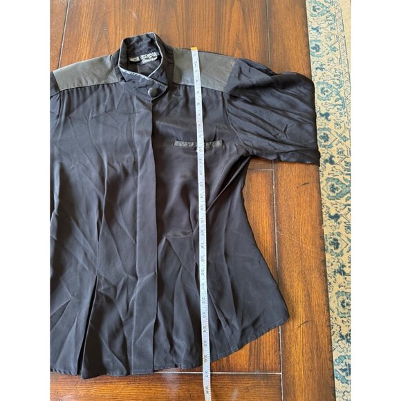 Vintage Erena By Irene Koenig Black Blouse Leather Trim Peplum Size 6 - Picture 10 of 12